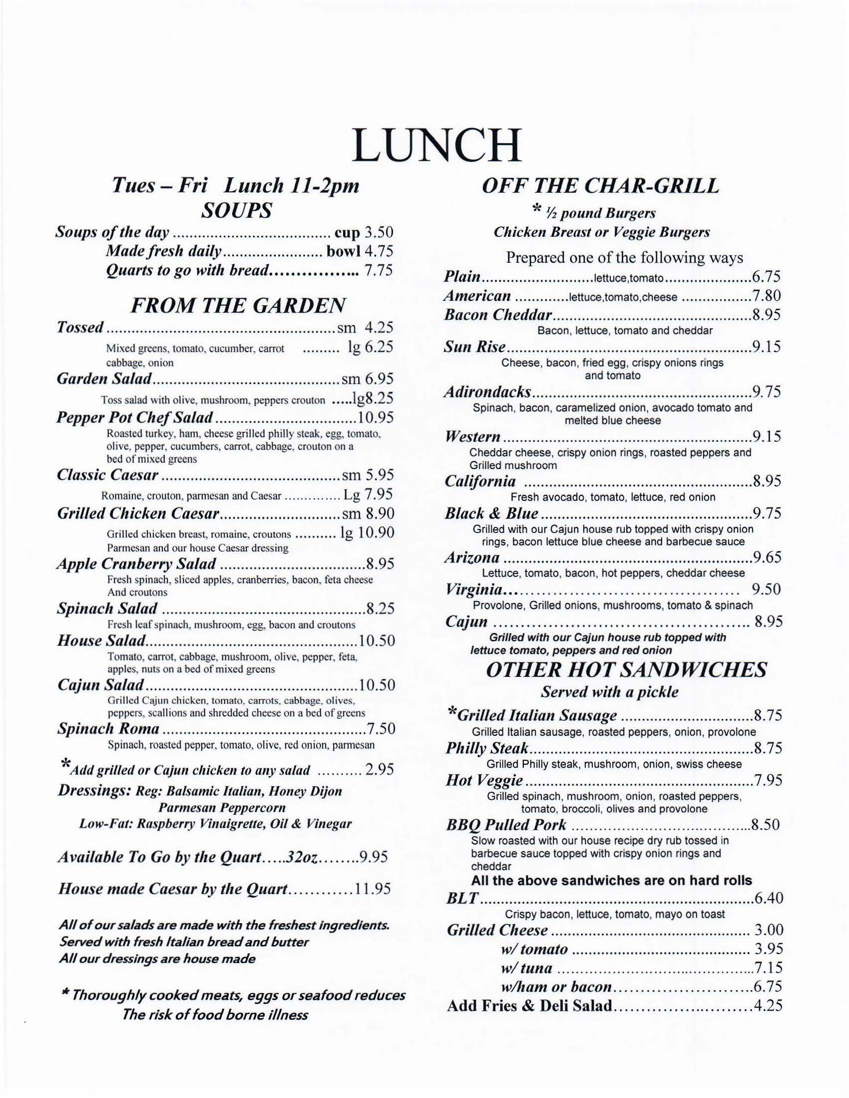 The Pepper Pot Restaurant Southington CT Lunch Menu