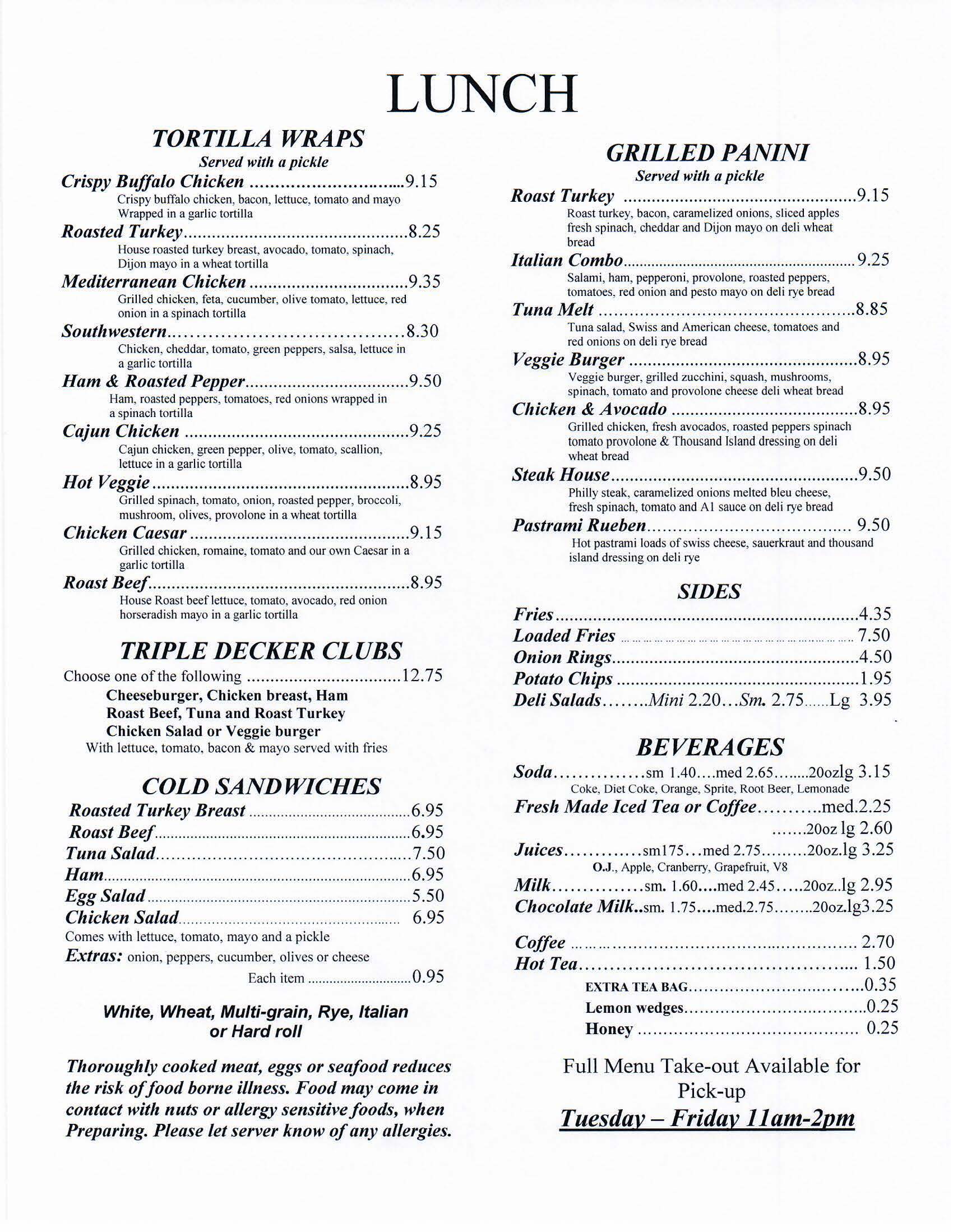 The Pepper Pot Restaurant Southington CT Lunch Menu